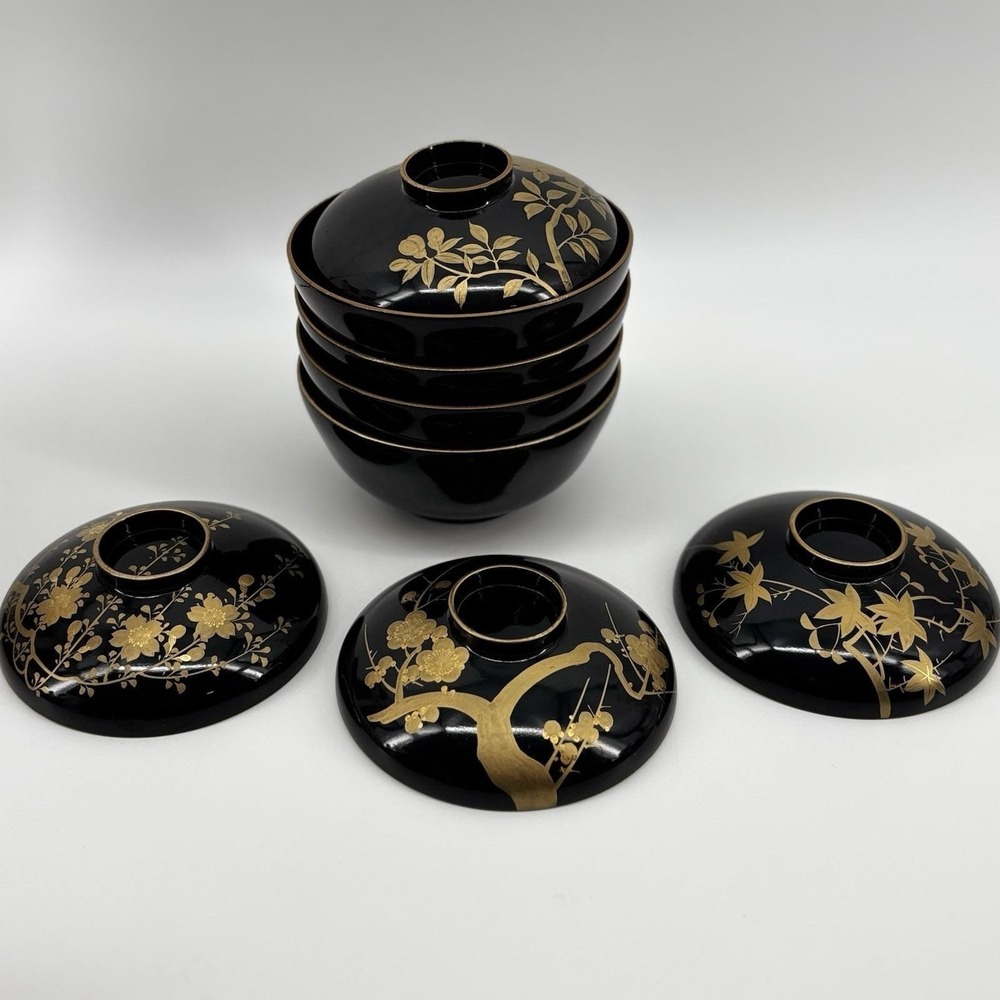 Vintage4 Japanese Miso Soup Rice Bowls w Lid 5"  Gold Design Black‎ Laquerware